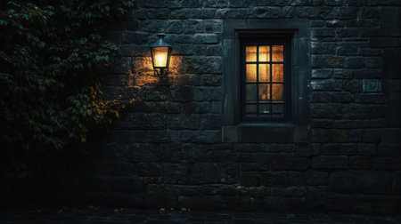 A charming window emanates a warm glow against a dark stone wall, complemented by a vintage lantern illuminating the tranquil night scene. Perfect for cozy aesthetics.の素材