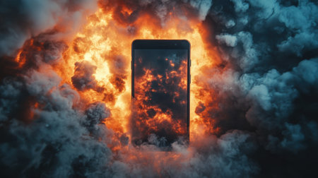 A dynamic visual of a smartphone engulfed in flames and smoke, representing technology's explosive nature and the energy of modern devices. Perfect for creative projects.の素材