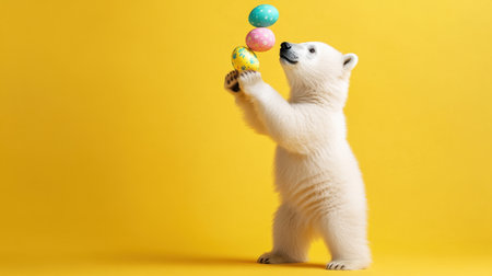 A charming polar bear cub joyfully juggles colorful Easter eggs against a bright yellow background, capturing the essence of playfulness and innocence.の素材