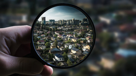 A close-up view where a hand holds a magnifying glass over a vibrant cityscape, showcasing details of urban living amidst the blurred background.の素材