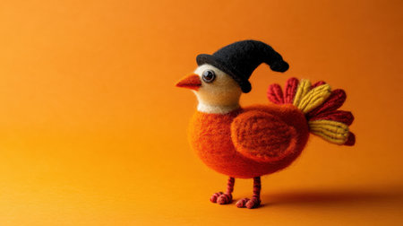 This charming felt bird showcases vibrant colors and a whimsical hat, perfect for adding a playful touch to any space. Ideal for craft lovers and decorators.の素材