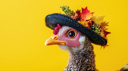 A delightful bird adorned with a stylish hat featuring autumn leaves, set against a bright yellow backdrop. Perfect for seasonal or whimsical themes.の素材