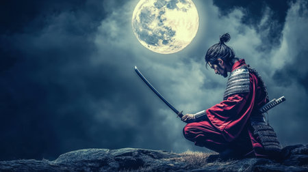 A samurai warrior kneels in a moonlit landscape, holding a sword. The scene captures a moment of meditation and reflection, surrounded by dramatic clouds.の素材