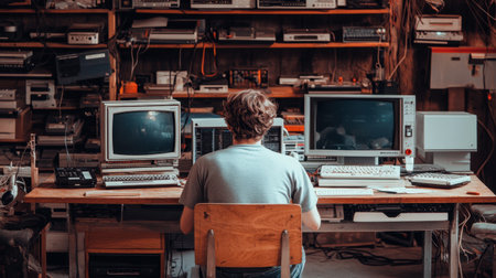 A person sits at a vintage computer setup in a retro workspace filled with old technology. The scene captures focus and creativity in a nostalgic environment.の素材