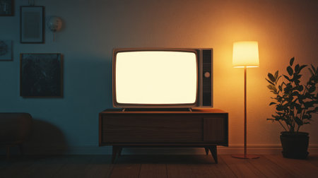 A vintage television sits in a cozy living room, illuminated by a warm light. This peaceful scene captures a nostalgic atmosphere perfect for relaxation and comfort.の素材
