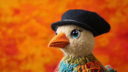 This charming felted bird character features a vibrant body and a stylish black hat. The playful design adds whimsy and delight to any space.の素材