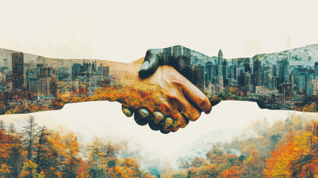 This image captures a handshake between diverse hands, overlaid with an autumn landscape and a city skyline, symbolizing unity between nature and urban life.の素材