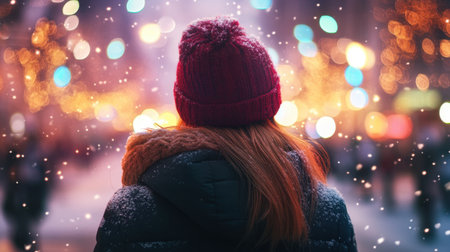 A woman in a winter jacket and red beanie stands in a snowy urban setting, gazing at colorful city lights, creating a cozy and festive atmosphere.の素材