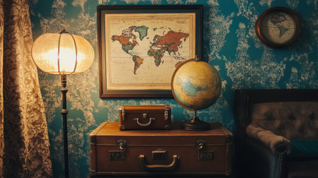 A cozy interior scene featuring a vintage world map, a globe, and an antique suitcase, illuminated by warm light in a beautifully styled room.の素材