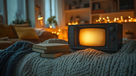This stunning image features a classic vintage television radiating a warm glow in a cozy living room setting. Soft blankets and books complement the inviting atmosphere.の素材