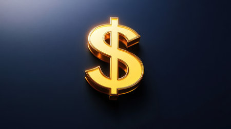 A striking shiny gold dollar sign symbol against a dark background, perfect for representing concepts related to finance, wealth, and economic growth.の素材