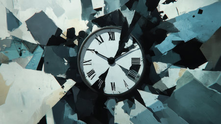 A captivating image of a broken clock encircled by dynamic shards, symbolizing the passage of time. This artwork merges chaos and beauty, perfect for modern design themes.の素材