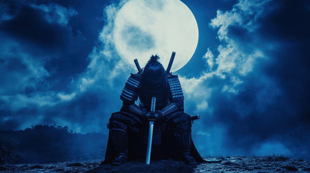 A powerful silhouette of a samurai warrior kneels beneath a radiant full moon, creating an ethereal atmosphere filled with mystery and valor.の素材