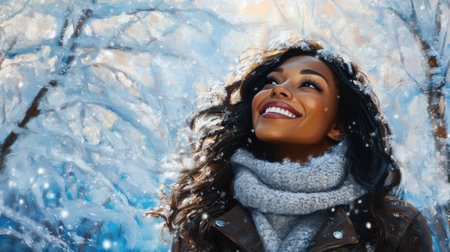 A joyful woman with flowing hair smiles brightly in a winter wonderland, surrounded by snowy trees. The scene captures the essence of happiness and tranquility.の素材