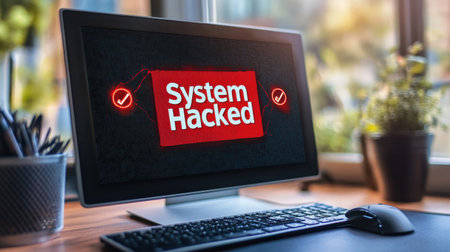A modern computer screen displays a bold warning message indicating a hacked system. This image captures the urgency of cybersecurity issues in a digital workspace.の素材