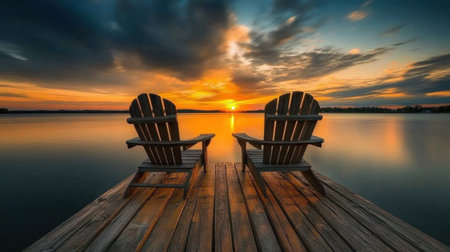 A serene sunset casts its warm glow over a calm lake, showcasing two wooden chairs on a dock, inviting relaxation and contemplation in nature's beauty.の素材
