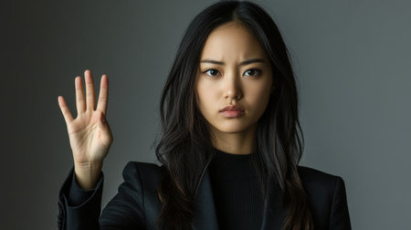A striking portrait of a woman in a black blazer holding her hand up against a gray background. Her serious expression conveys confidence and professionalism, making this image suitable for business-related themes or fashion projects.の素材