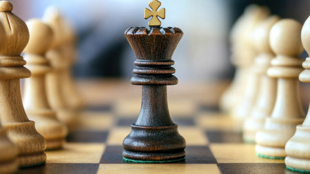 Captivating close-up of a wooden chess king surrounded by other pieces on the board, highlighting strategy, focus, and classic game elements crucial for victory.の素材