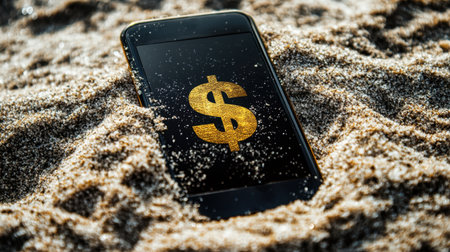 A smartphone featuring a shiny dollar sign on its screen is partially buried in the sand on a sunlit beach, symbolizing the intersection of technology and wealth in a stunning summer setting.の素材