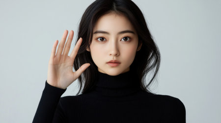A young woman with long dark hair in a black sweater raises her hand in a gentle gesture. Her serene expression conveys beauty and confidence, perfect for fashion or portrait themes.の素材