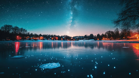 A tranquil winter night scene capturing a frozen lake under a starry sky, featuring reflections of colorful lights from nearby houses.の素材