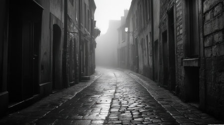 A serene black and white photo of a foggy alley, showcasing cobblestone paths and charming architecture. The mysterious atmosphere evokes a sense of tranquility and nostalgia.の素材
