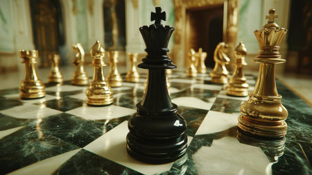 A detailed view of an elegant chess set featuring a striking black king among shining golden chess pieces on a luxurious marble board.の素材
