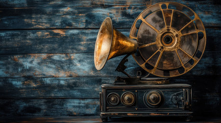 A stunning vintage gramophone elegantly sits on a rustic wooden surface, showcasing its intricate design and timeless appeal, perfect for music lovers and decor enthusiasts.の素材