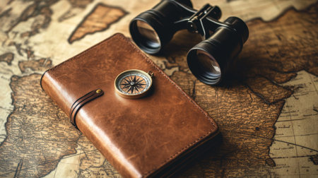 A vintage compass and leather journal placed on an old map create a perfect scene for adventure enthusiasts. Ideal for travel and exploration themes.の素材