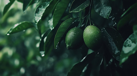 Lush green citrus fruits hang from vibrant leaves, glistening with water drops. The close-up captures the freshness and natural beauty of healthy produce.の素材