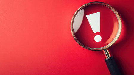 A magnifying glass emphasizes an exclamation mark on a vibrant red background, conveying urgency and alertness. This image symbolizes focus and attention to detail.の素材
