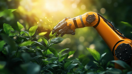 A robotic arm gently nurtures vibrant green plants, showcasing the blend of technology and nature. This image symbolizes innovation and sustainability in agriculture.の素材