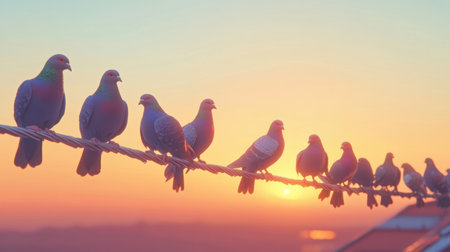 A serene sunset silhouette of pigeons perched on a wire against a vibrant sky. This peaceful scene captures the beauty of nature, evoking calm and tranquility.の素材