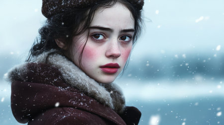 A close-up portrait of a young woman dressed warmly in a winter coat amid falling snow. Her soft expression and rosy cheeks convey a serene and peaceful moment in a cold landscape.の素材