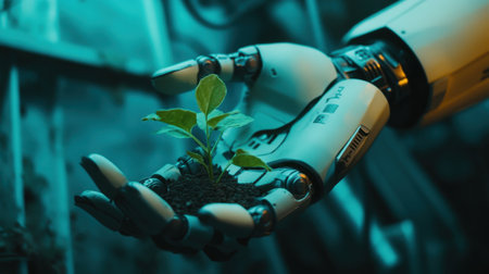 A robotic hand gently holds a green seedling planted in soil, symbolizing the merging of technology and nature in sustainable growth. Ideal for eco-innovation themes.の素材