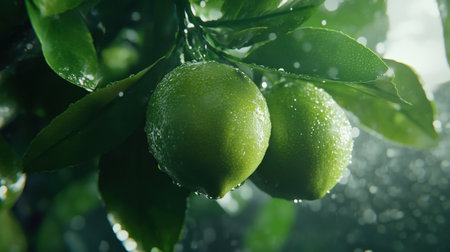 Close-up image of fresh green lemons on a tree branch, adorned with water droplets. This vibrant scene captures the essence of nature's bounty and healthy living.の素材