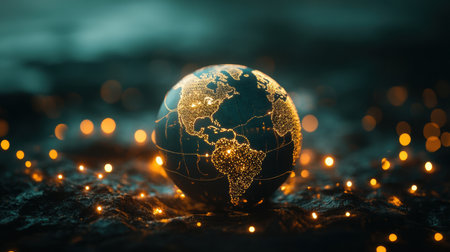 A captivating view of Earth illustrated with glowing lights to represent global connectivity and unity. Ideal for themes of inspiration and exploration.の素材