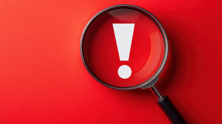 A magnifying glass emphasizing an exclamation mark against a vivid red backdrop. This image captures attention and conveys urgency or warning effectively.の素材