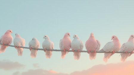 A serene group of white doves perches gracefully on a wire against a pastel sunset sky. This tranquil scene captures the beauty of nature's harmony.の素材