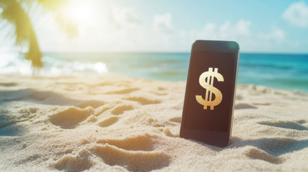 A smartphone displaying a dollar symbol stands on a sandy beach, capturing the essence of summer finance. The vibrant ocean backdrop enhances this scene of wealth and technology.の素材