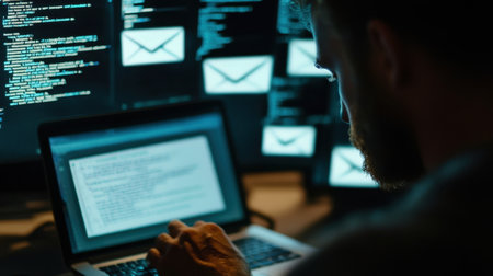 A tech professional engages in data analysis on a laptop, surrounded by multiple screens. The dim environment highlights the focus on programming and cybersecurity tasks.の素材