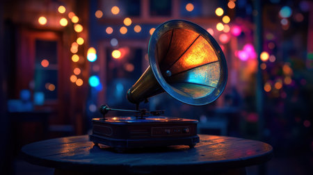 A striking vintage gramophone sits on a wooden table, illuminated by colorful bokeh lights. The image captures a nostalgic atmosphere, perfect for evoking memories of music and warmth.の素材