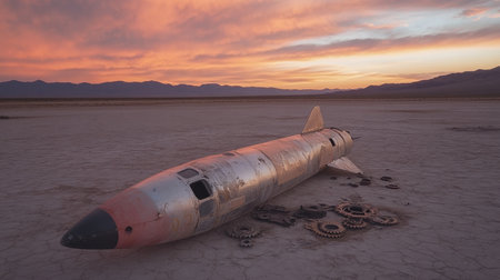 A striking image of an abandoned rocket resting on a barren desert plain, surrounded by scattered gears. The sunset illuminates the sky with vibrant colors, creating a dramatic atmosphere perfect for capturing the beauty of decay and isolation.の素材