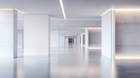 This image presents a modern minimalist interior space featuring clean lines, bright lighting, and an open ambiance, ideal for showcasing various design concepts.の素材