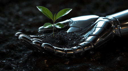 A metallic robotic hand gently cradles a vibrant green plant in rich soil, symbolizing the harmony between technology and nature in a sustainable future.の素材