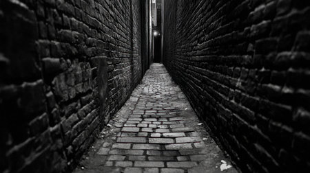 Explore a narrow, dark alleyway featuring old brick walls, cobblestones, and an atmospheric sense of mystery and solitude, perfect for urban imagery.の素材