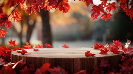 A stunning autumn scene featuring vibrant red maple leaves scattered on a wooden platform. The warm hues and serene backdrop create a peaceful atmosphere.の素材