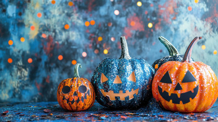 Vibrant Halloween pumpkins in various colors sparkle with glitter under a festive background. Perfect imagery for seasonal decor, celebrations, and party themes.の素材