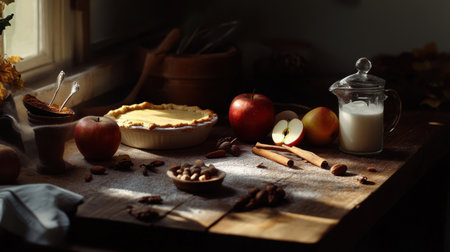 A warm autumn still life featuring freshly baked apple pie, red apples, milk, and cinnamon. The rustic kitchen setting highlights cozy baking moments.の素材