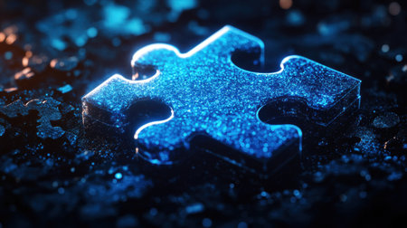 A striking image of a glowing blue puzzle piece resting on a dark background, adorned with a sparkling texture, symbolizing the search for solutions and creativity.の素材